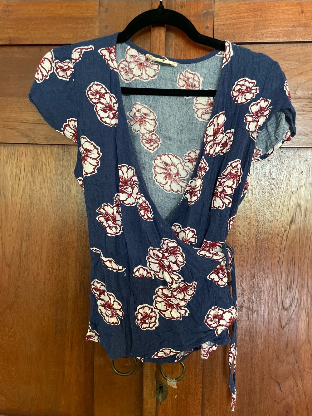 Elodie Navy Wrap Blouse with Cream & Burgundy Floral Print